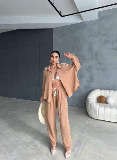 OMUZ SAÇAK DENİZ KABUĞU GÖMLEK - PANTOLON TAKIM - Bej resmi